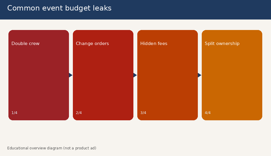 Four panels listing common event budget leaks: double crew, change orders, hidden fees, and split ownership